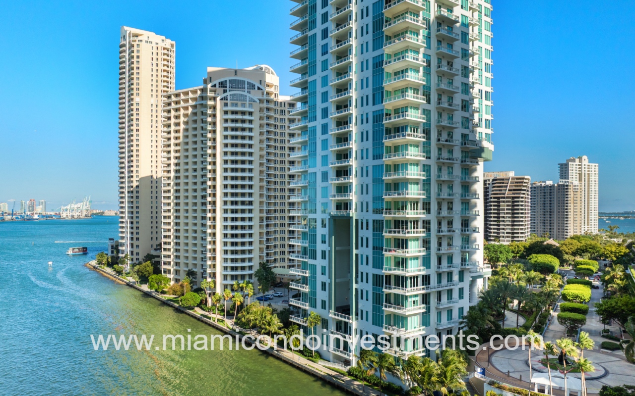 Asia condo view of building lower half from waterfront closeup