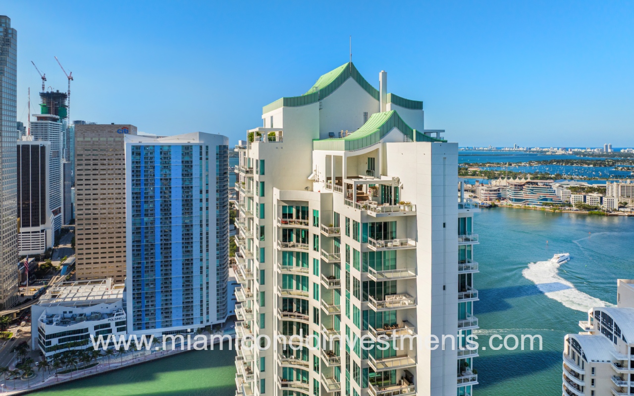 Asia condo drone view of top part of building