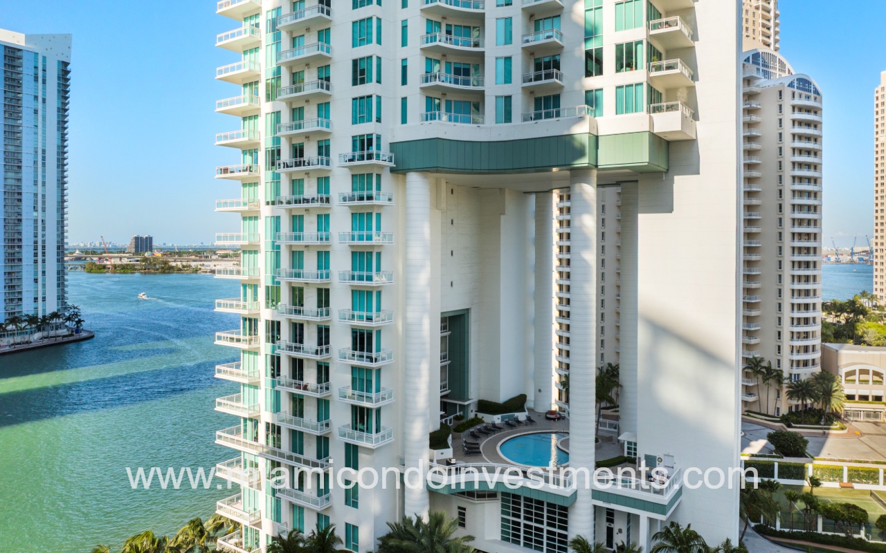 Asia condo closeup view lower half of building and pool