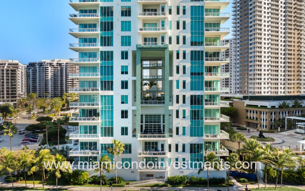Asia condo drone facing lower half side building closeup