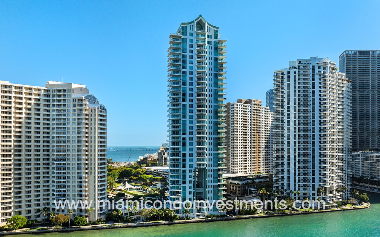Asia condo drone view of building and waterway