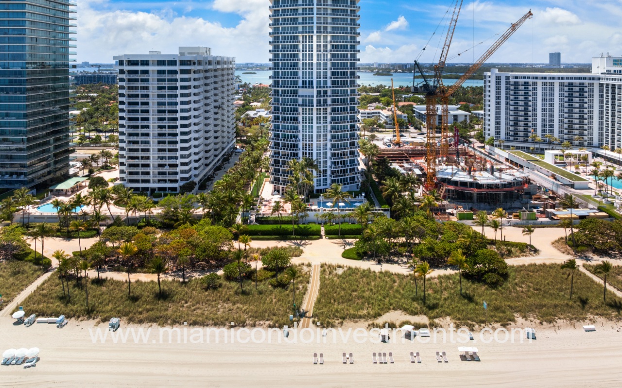 Bellini Bal Harbour drone closeup view of condo building from above the beach