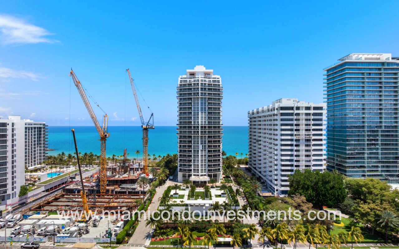 Bellini Bal Harbour drone view of condo building with ocean backdrop