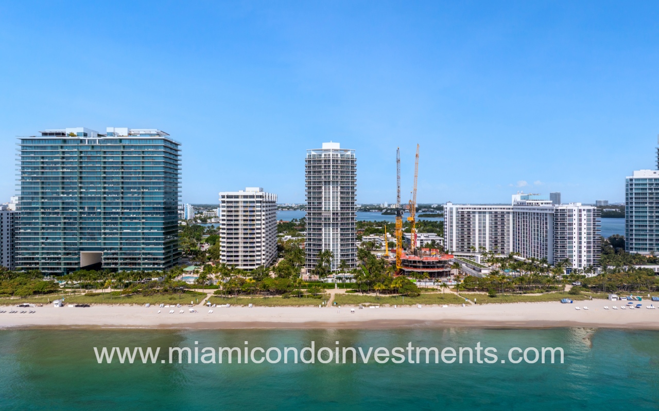 Bellini Bal Harbour drone view facing condo building from ocean in the morning
