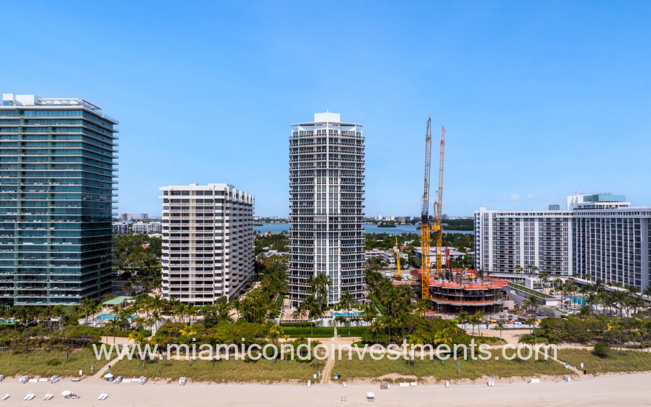 Bellini Bal Harbour drone view facing condo building from above ocean in the morning