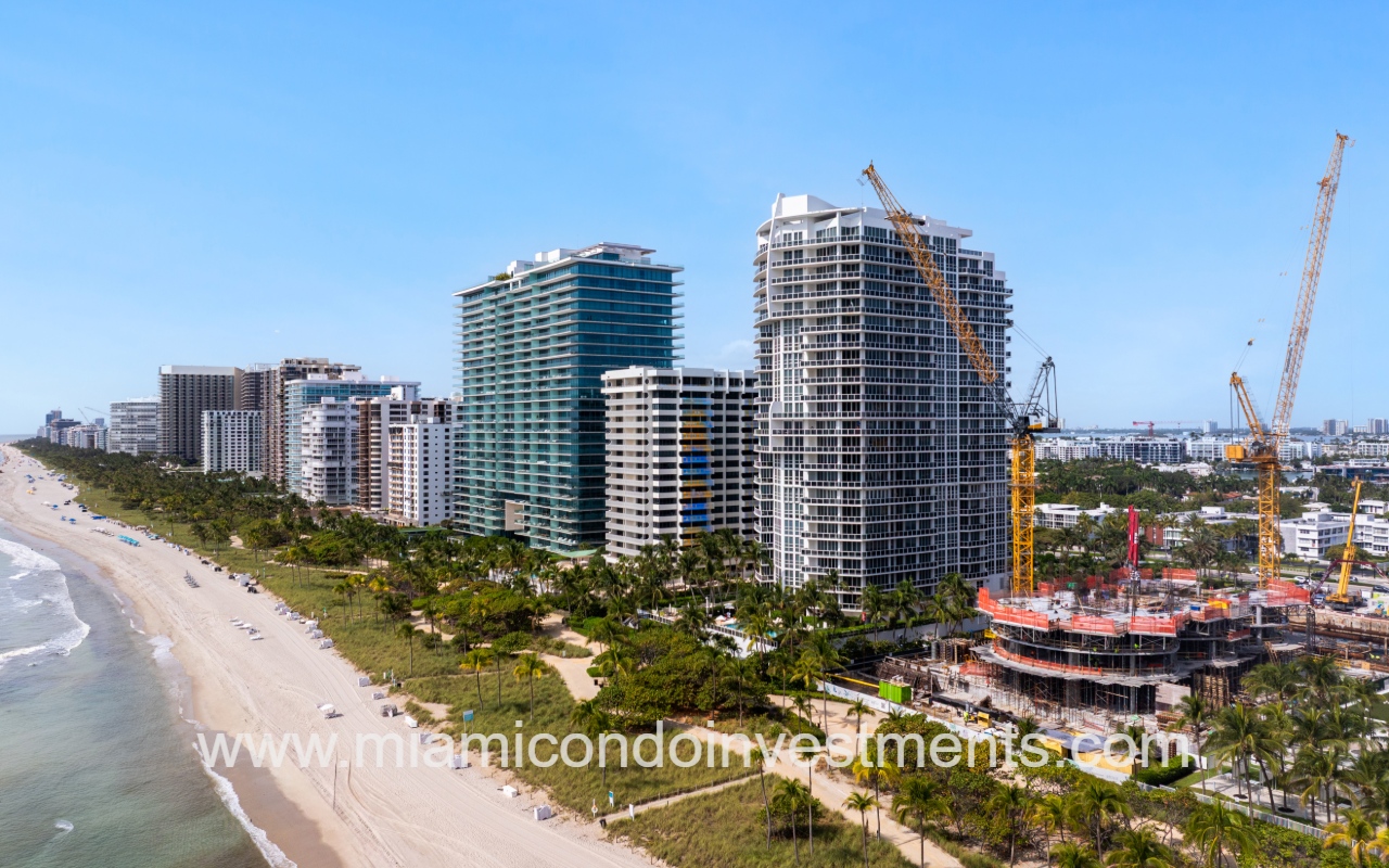 Bellini Bal Harbour drone view of condo buildings along the coastline