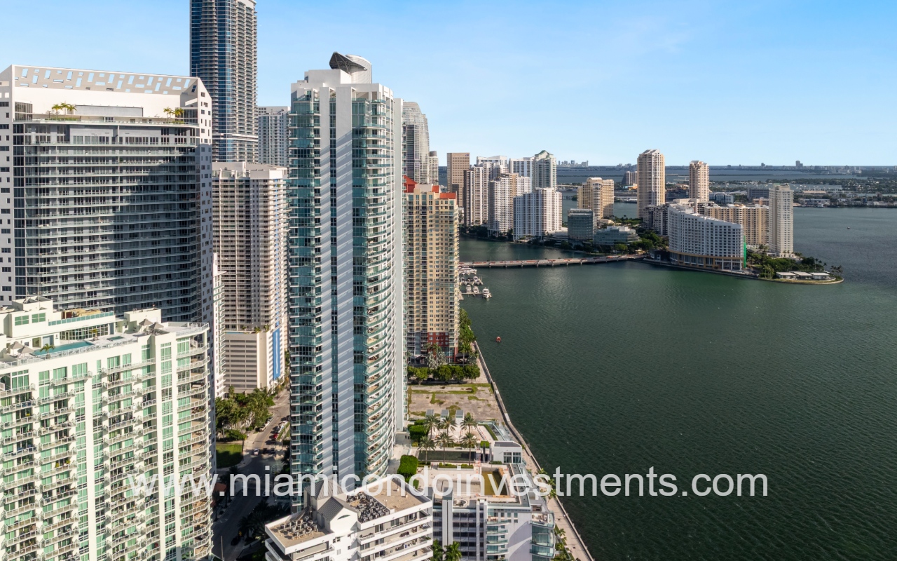 Jade at Brickell drone of condo building exterior side profile and surrounding area