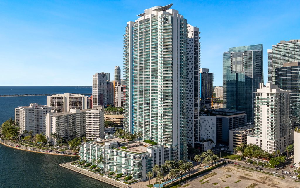 Jade at Brickell drone view of condo building from over the bay