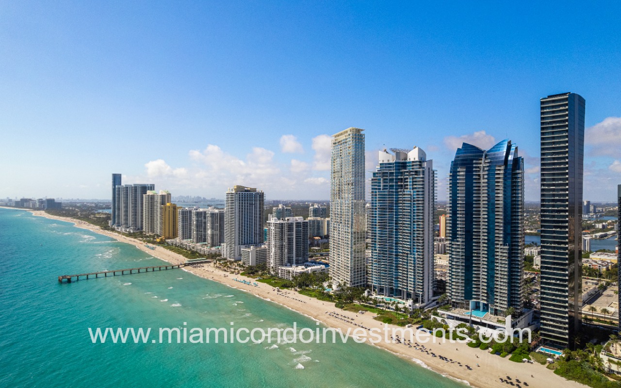 Jade Ocean condos wide view with beach shoreline