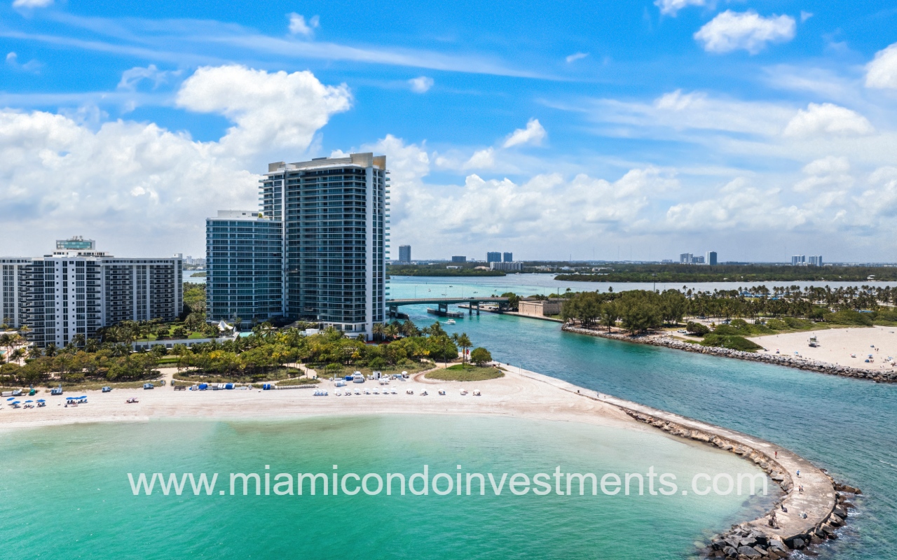 One Bal Harbour drone view of condo building from over the water