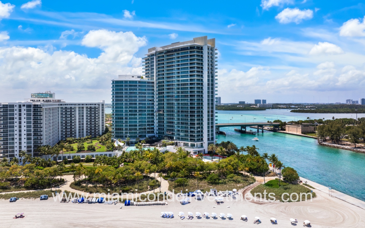 One Bal Harbour drone view of condo building from above the shore