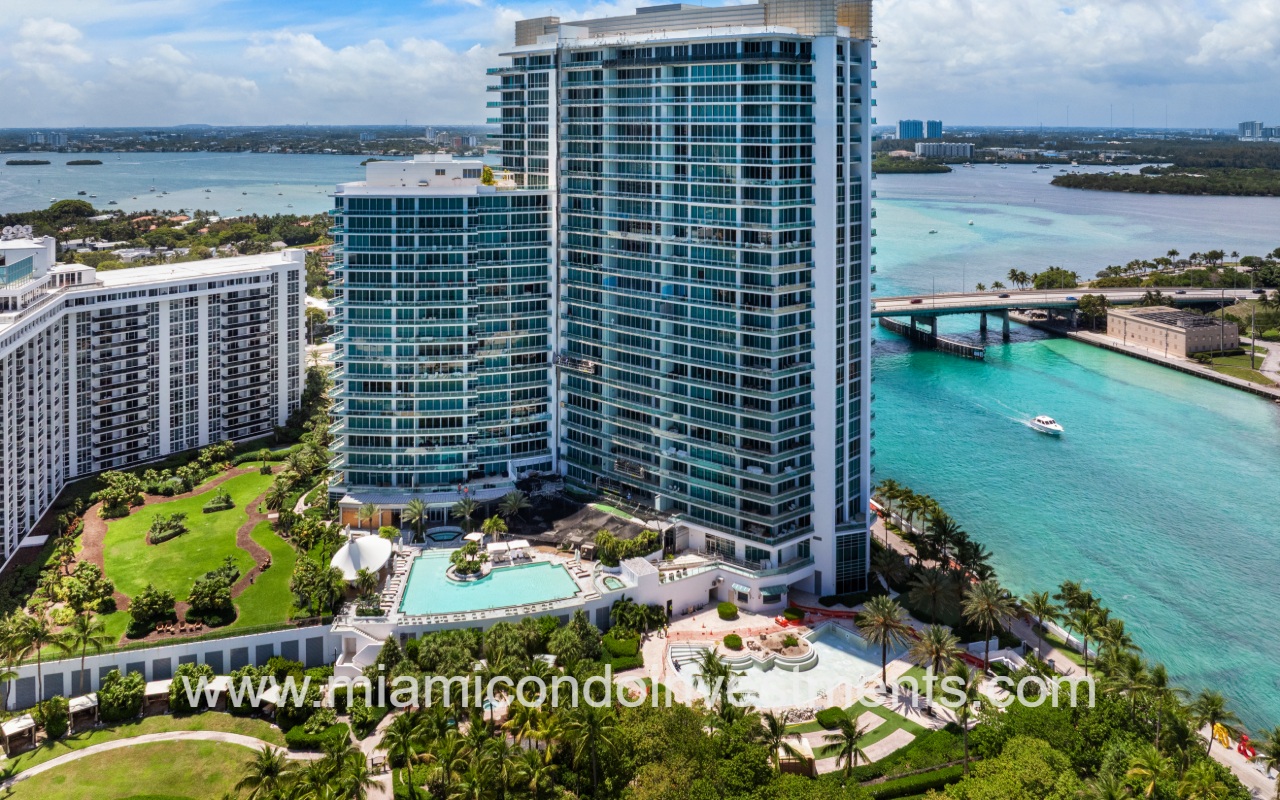 One Bal Harbour drone view of condo building and pool
