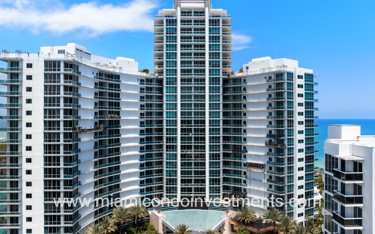 One Bal Harbour drone view of condo building closeup