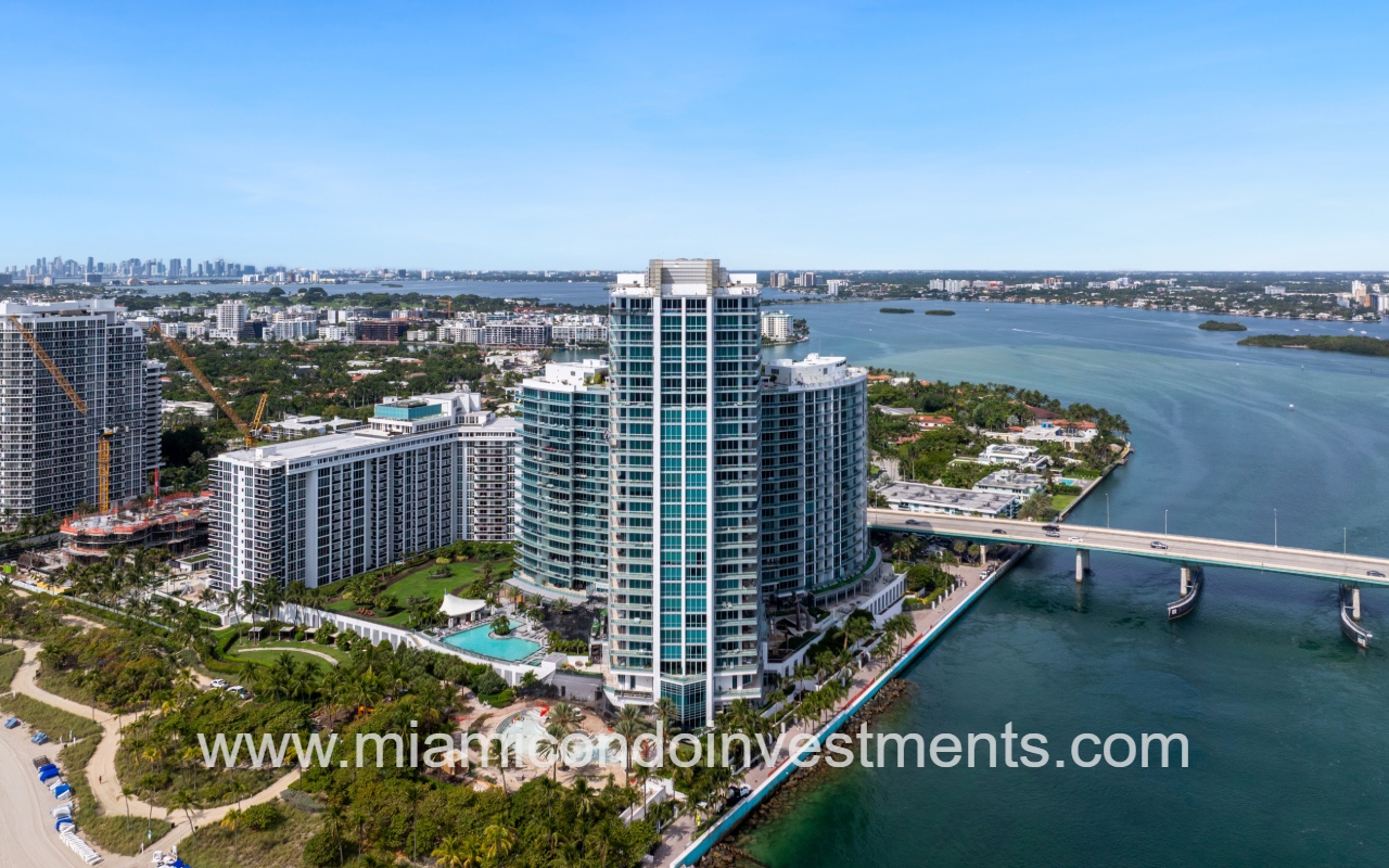 One Bal Harbour condo drone view facing condo building from over the water
