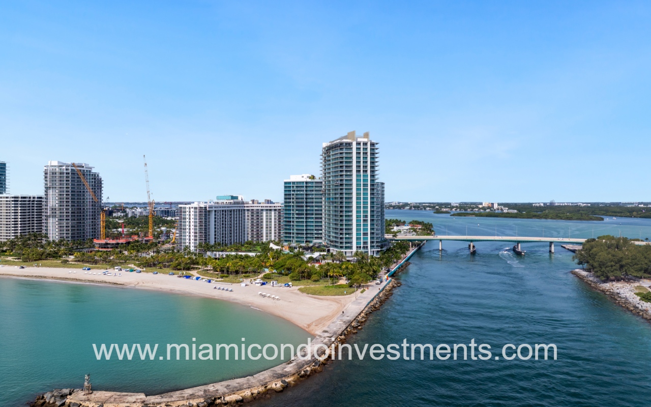 One Bal Harbour condo drone view facing building on waterfront