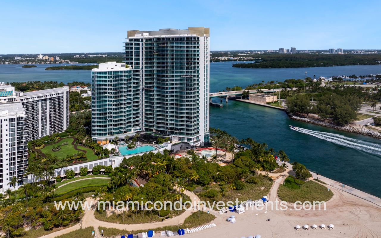 One Bal Harbour condo drone view facing building and beach shore