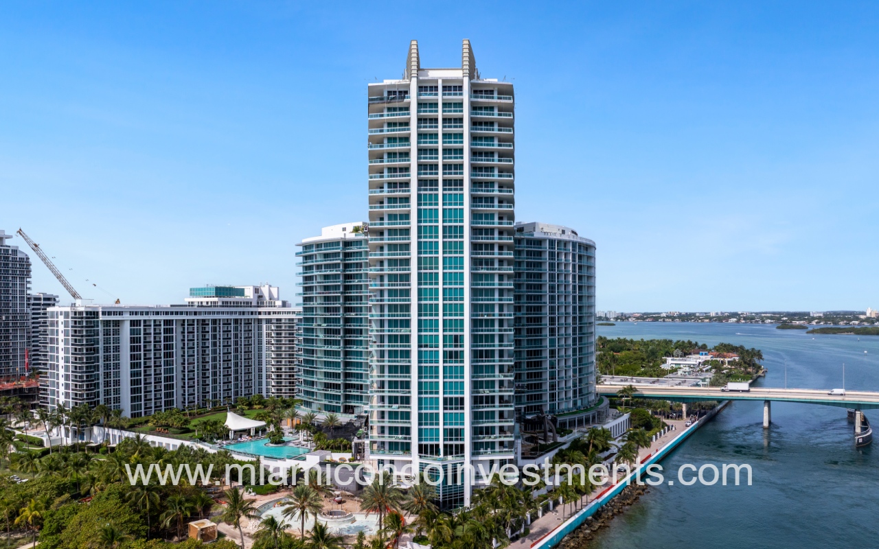 One Bal Harbour drone view facing condo building from over the water
