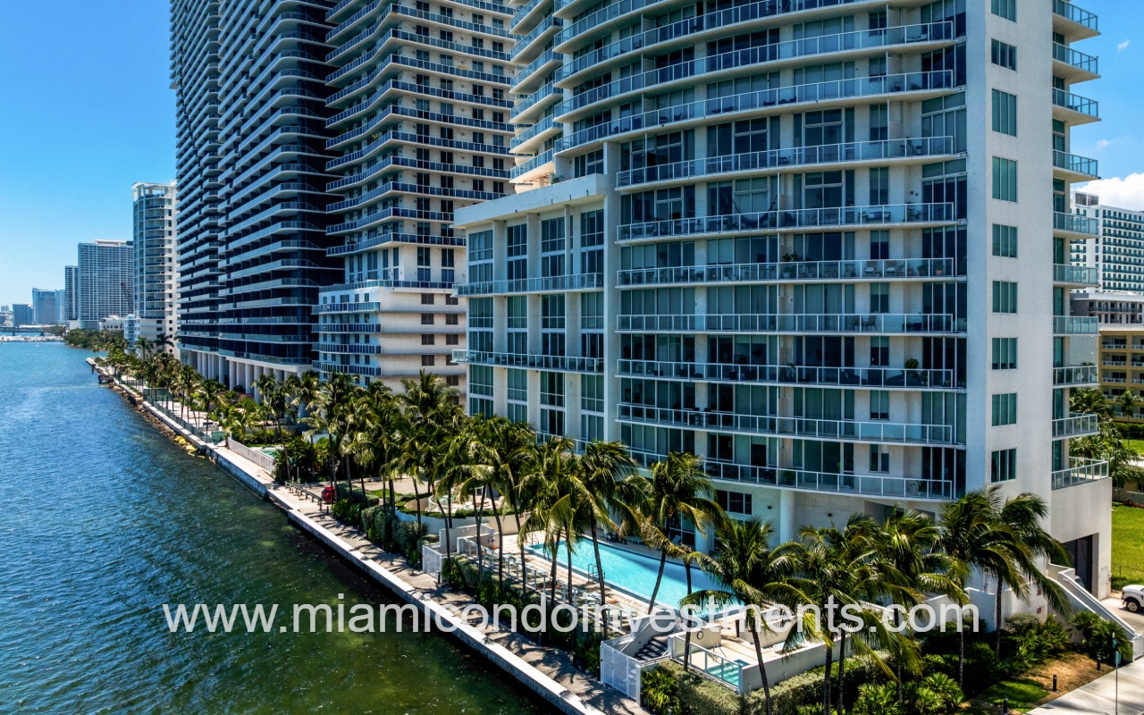 Onyx on the Bay drone facing the lower condo building exterior on waterfront