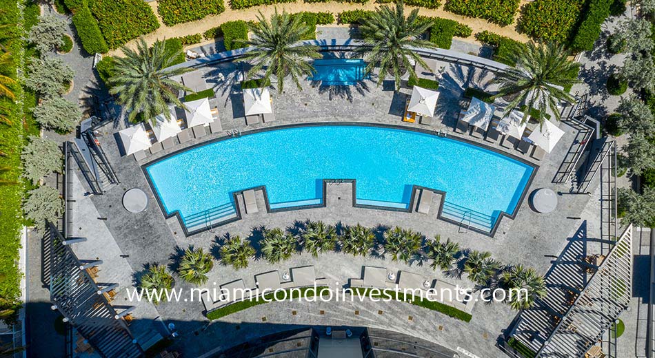 aerial view of the Porsche Design Tower pool deck