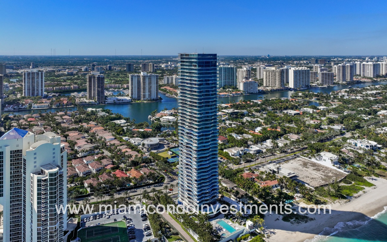 Regalia drone aerial view of condo building and surrounding area Sunny Isles Beach