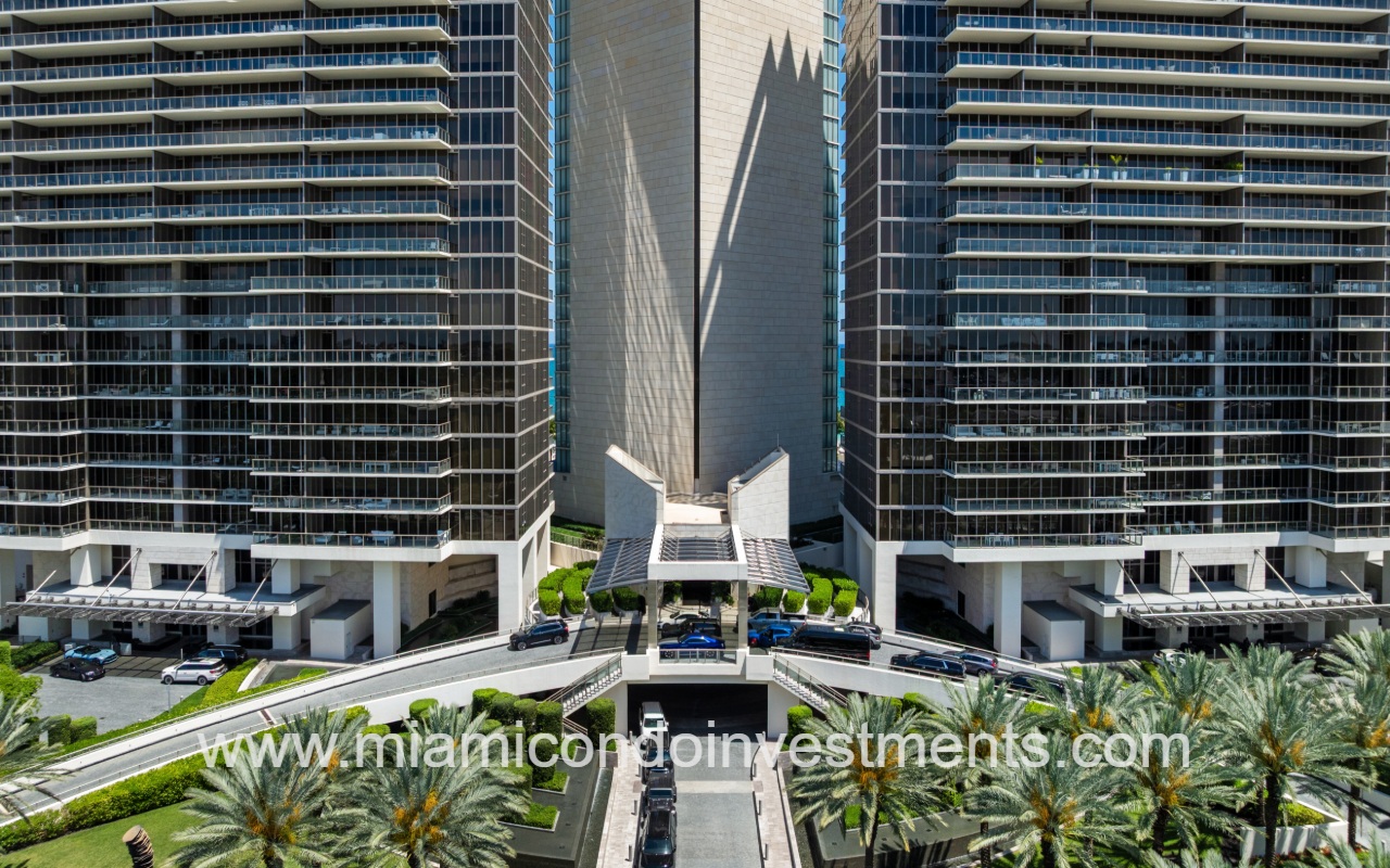 St Regis Bal Harbour Center drone closeup condo building entry