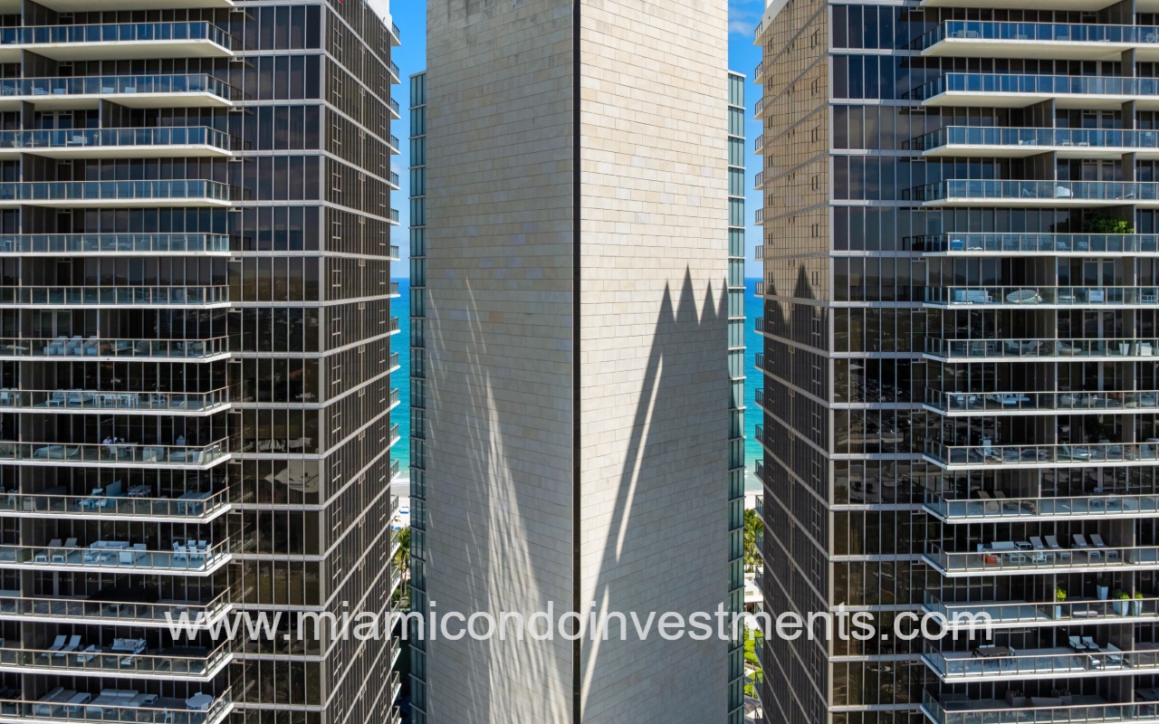 St Regis Bal Harbour Center drone closeup facing front of condo building exterior