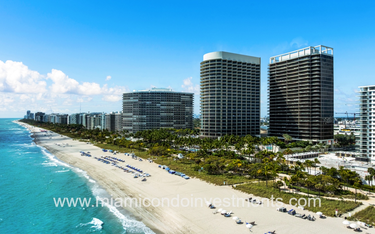 St. Regis Bal Harbour drone view of condo buildings along shoreline