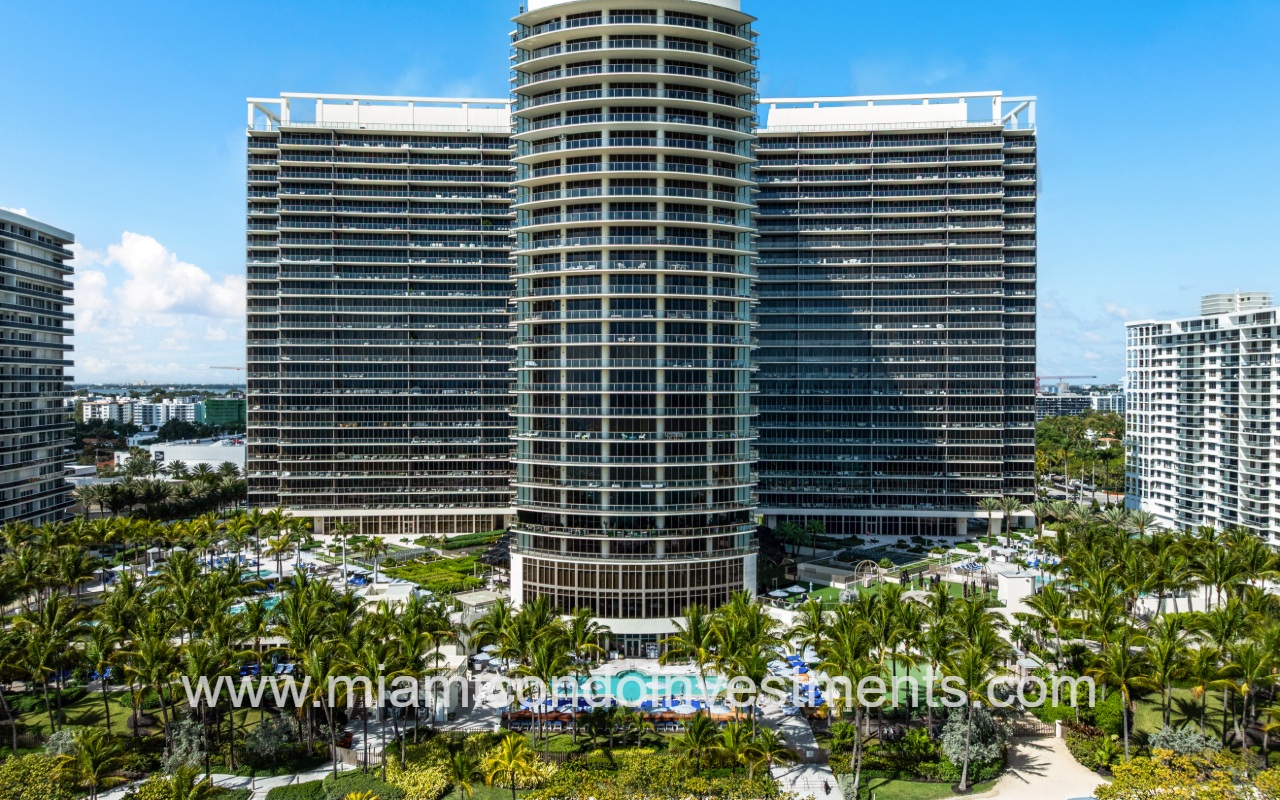 St. Regis Bal Harbour view directly facing condo building exterior and pool closeup