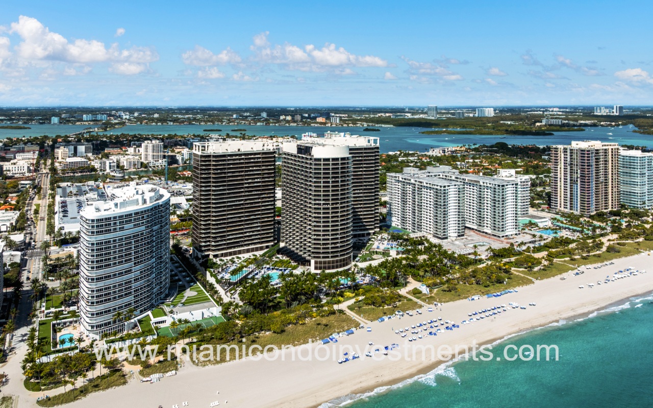 St. Regis Bal Harbour drone view of condo building and beachfront in the morning