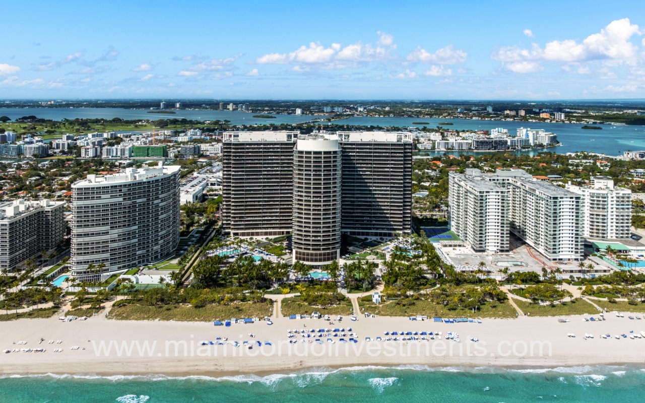 St. Regis Bal Harbour drone view of condo directly overlooking condo building and beachfront in the morning