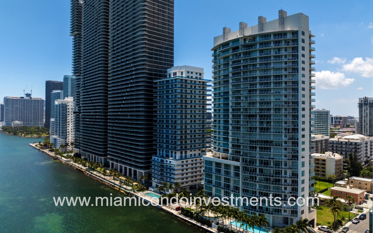 Star Lofts drone angle view of condo building on waterway