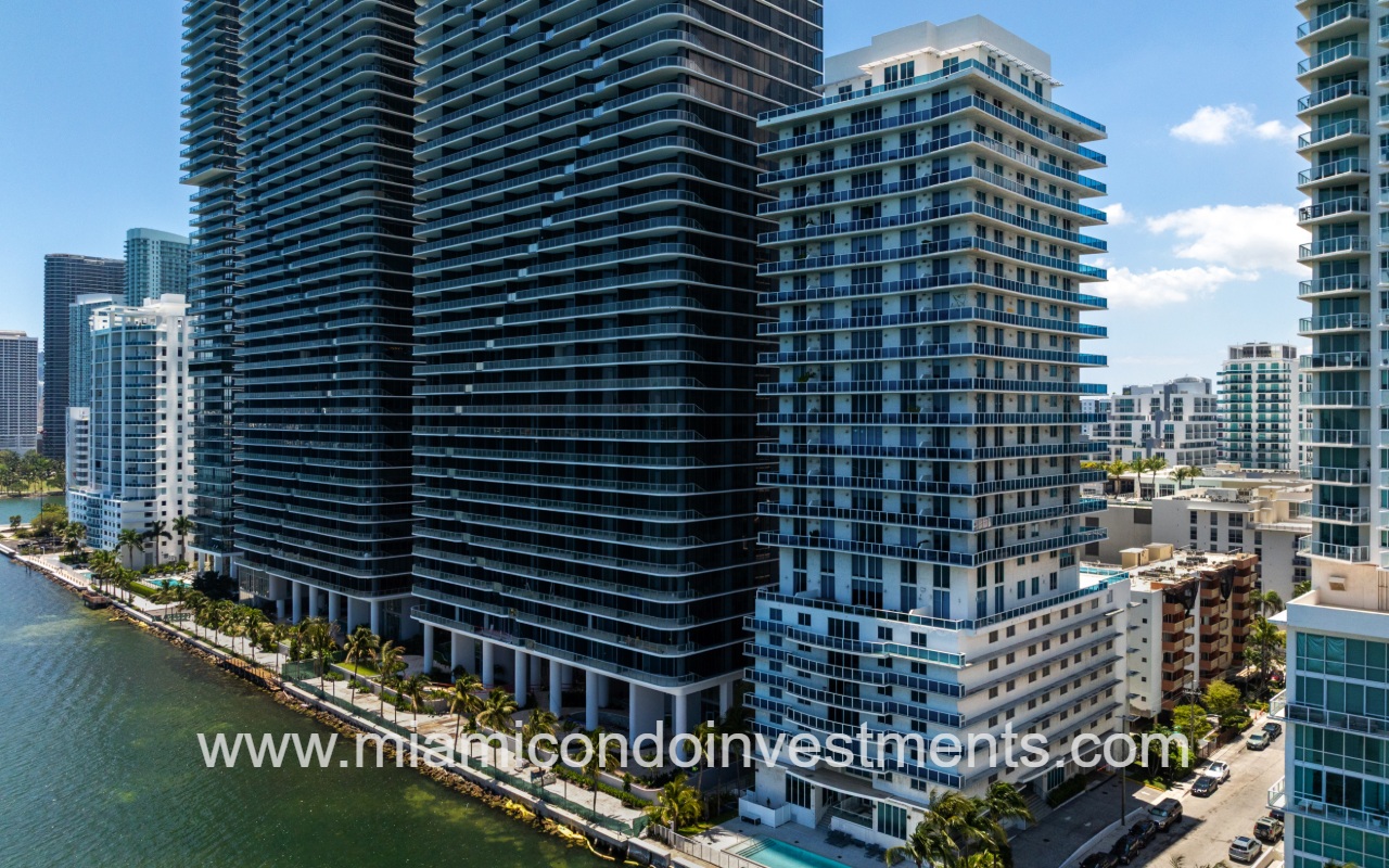 Star Lofts drone angle closeup view of condo building from above waterway