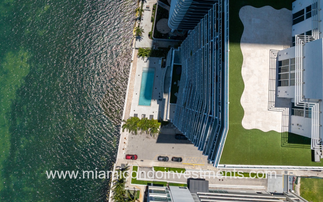 Star Lofts drone top down view of pool and waterway