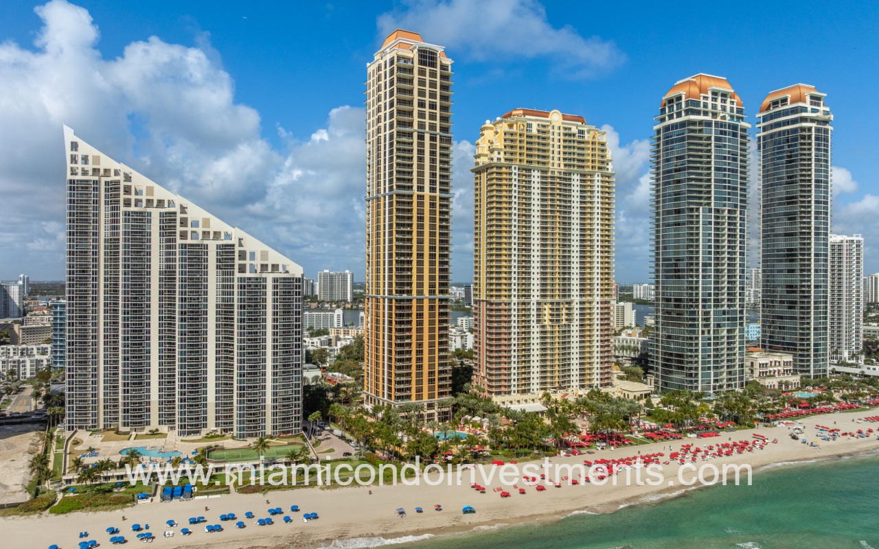 The Mansions at Acqualina drone angle view of condo building from above ocean