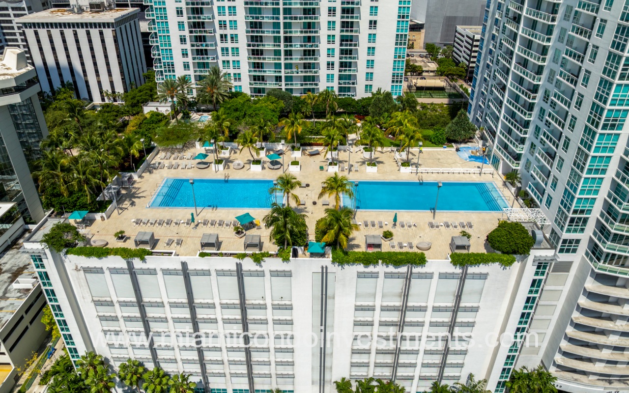 The Plaza Brickell East drone overlooking pool closeup
