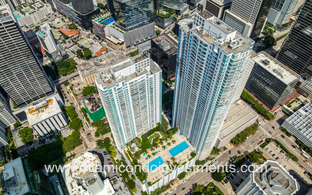 The Plaza Brickell East drone view overlooking condo building