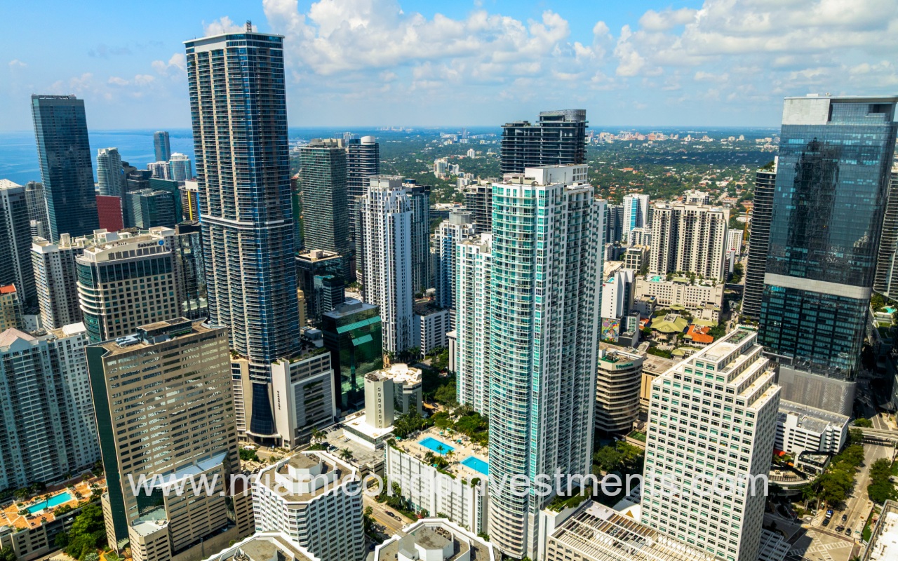 The Plaza Brickell East drone view of condo building and city