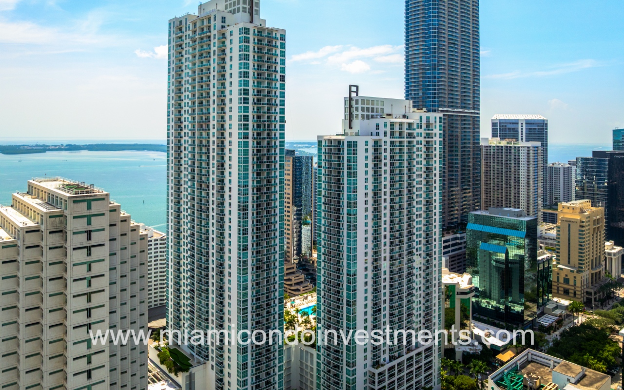 The Plaza Brickell East drone view of condo building exterior