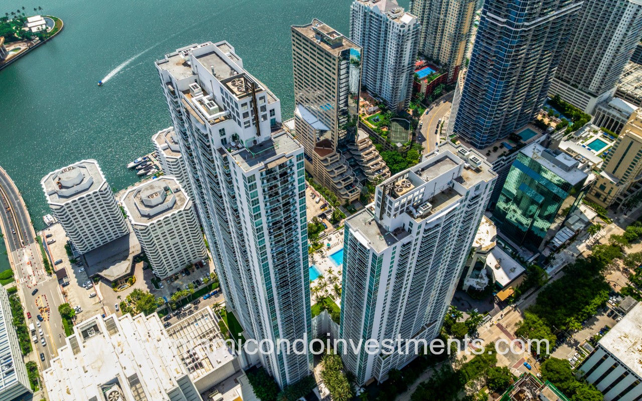 The Plaza Brickell East aerial view of condo building with bay view