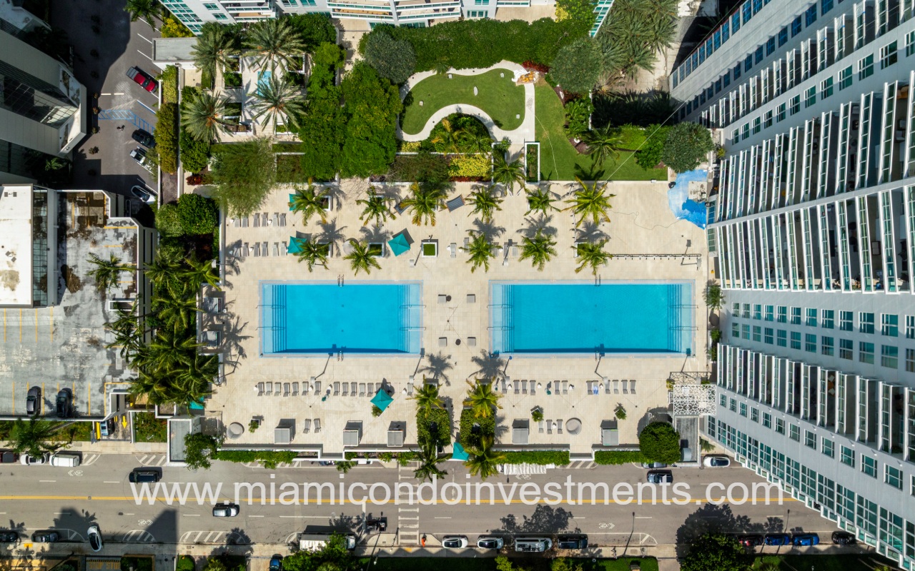 The Plaza Brickell East drone top down view of pools