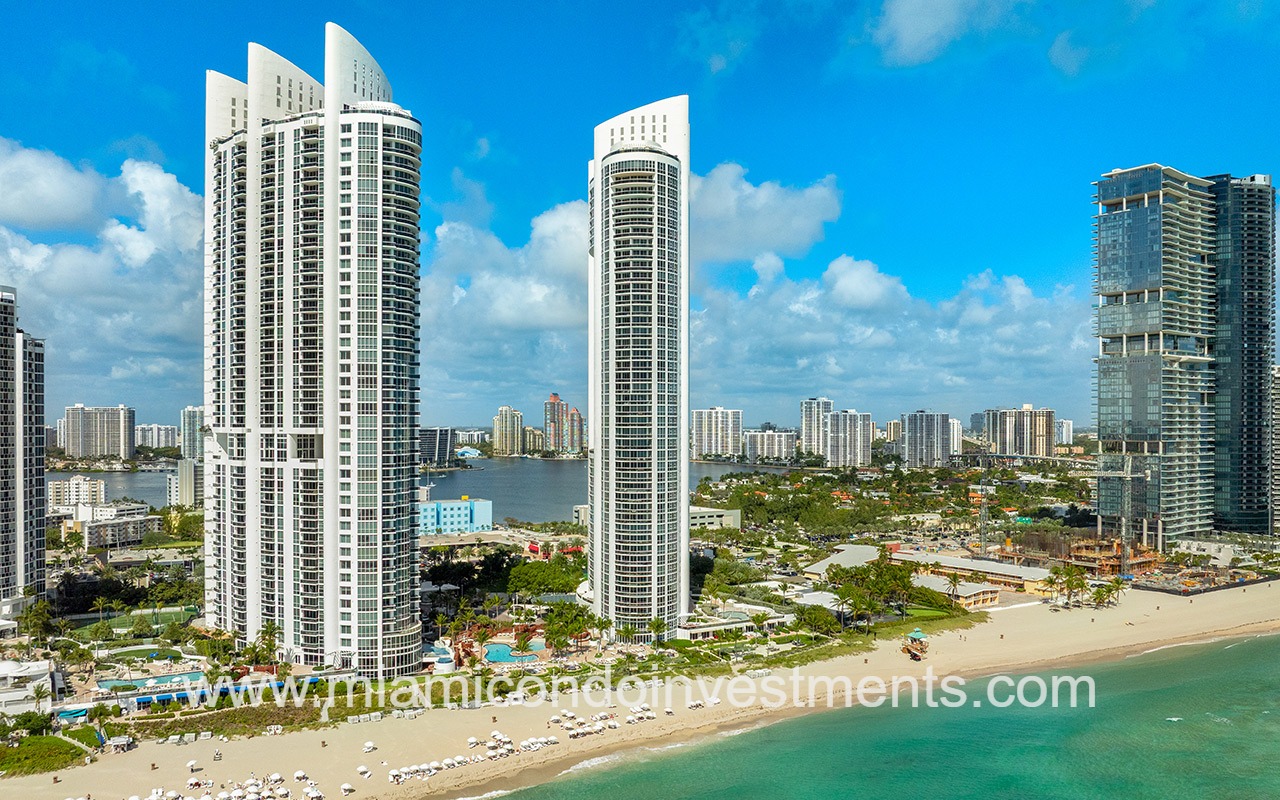 Trump Royal drone of side of condo building from ocean