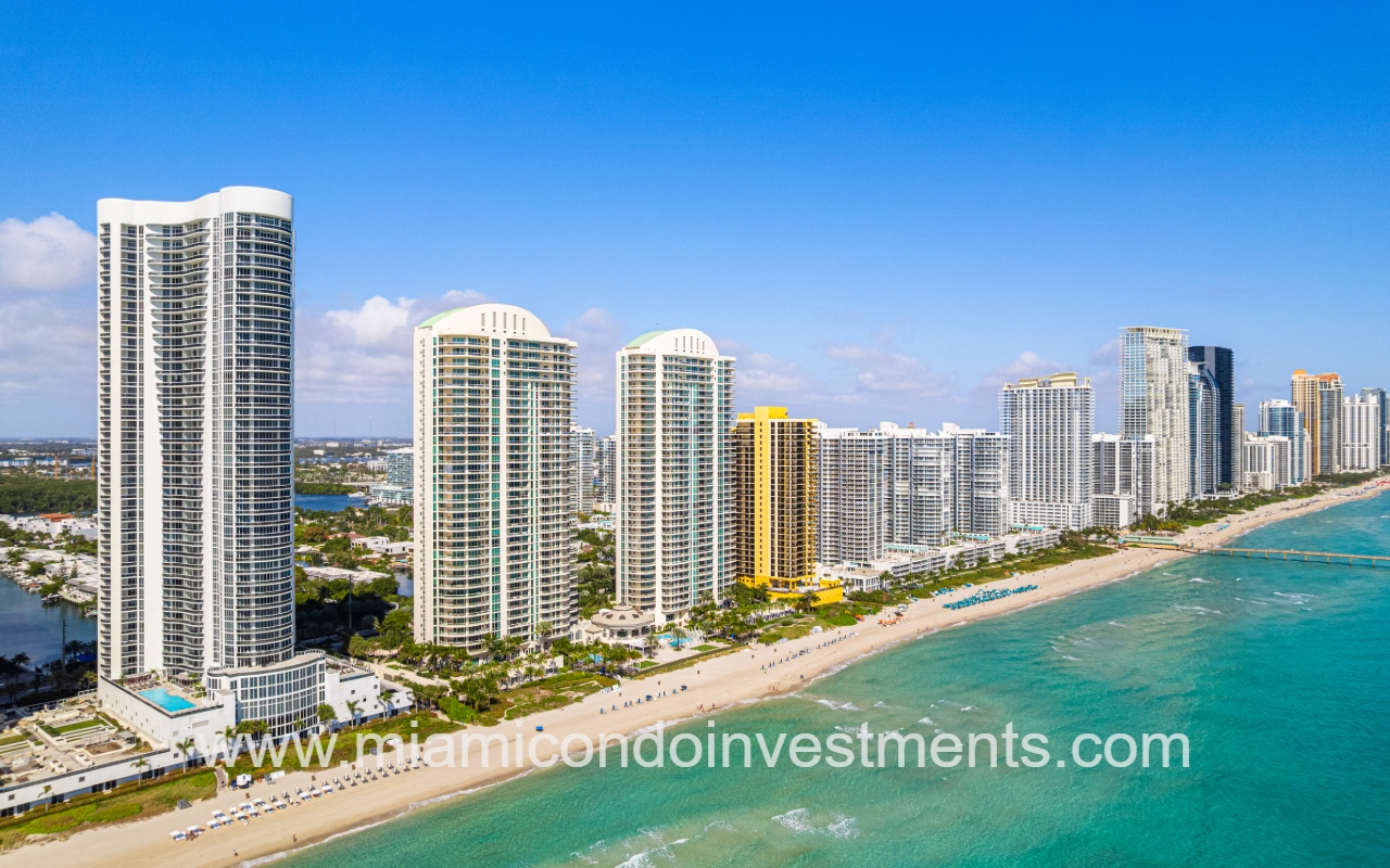 Turnberry Ocean Colony North drone view of oceanfront condo buildings