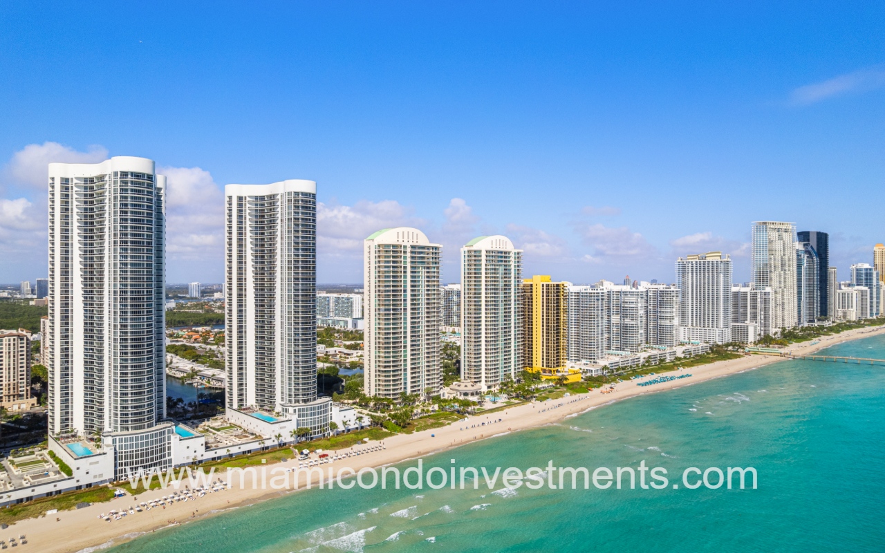 Turnberry Ocean Colony North drone view of oceanfront condo buildings