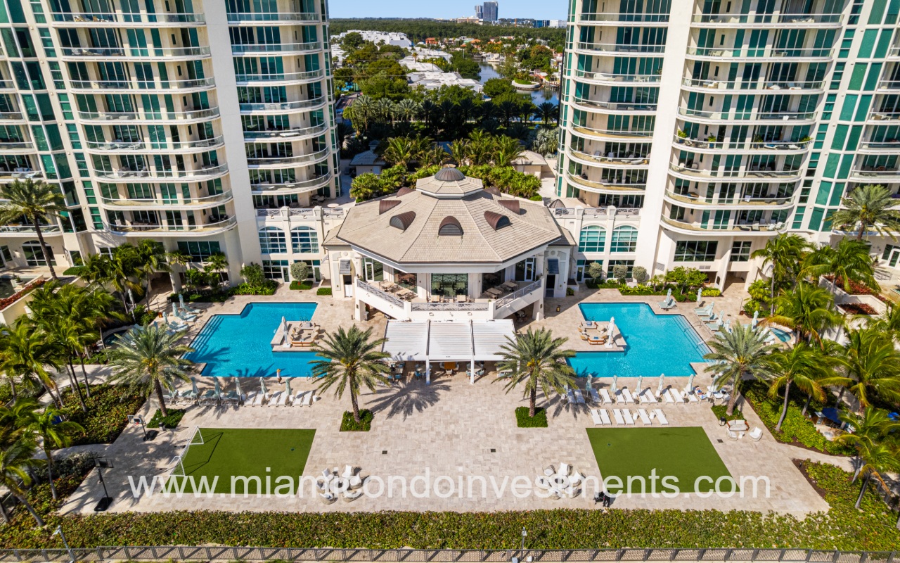 Turnberry Ocean Colony South drone view overlooking pool area