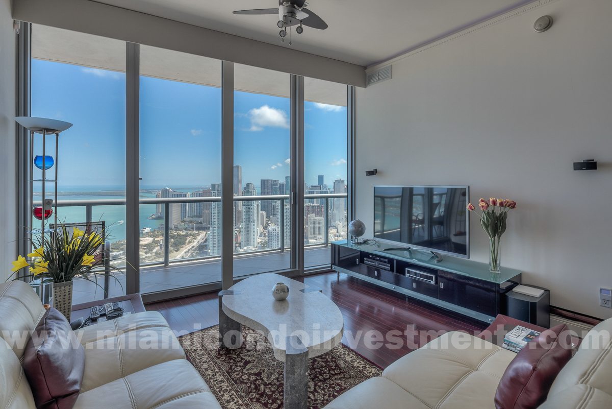 view of Biscayne Bay and Downtown Miami skyline from living room view of Biscayne Bay and Downtown Miami skyline from living room