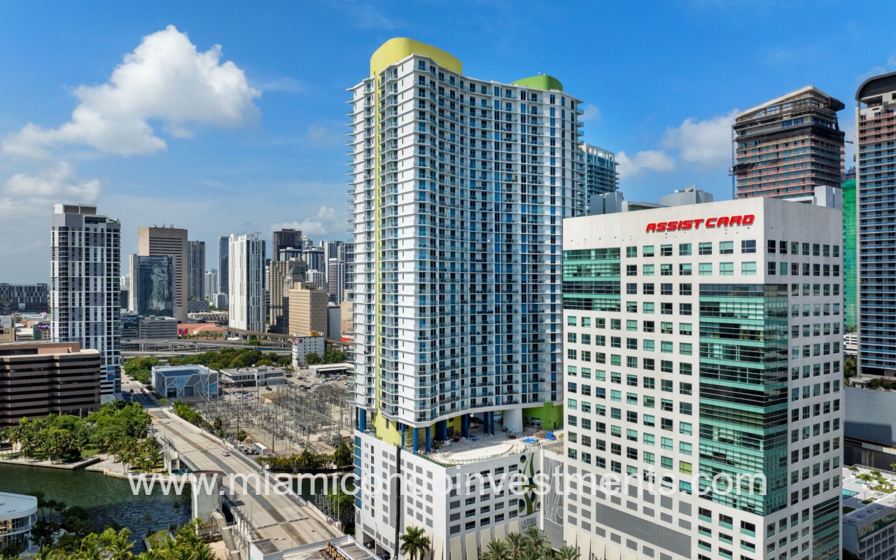 Latitude on the River drone angle view of condominium and bridge