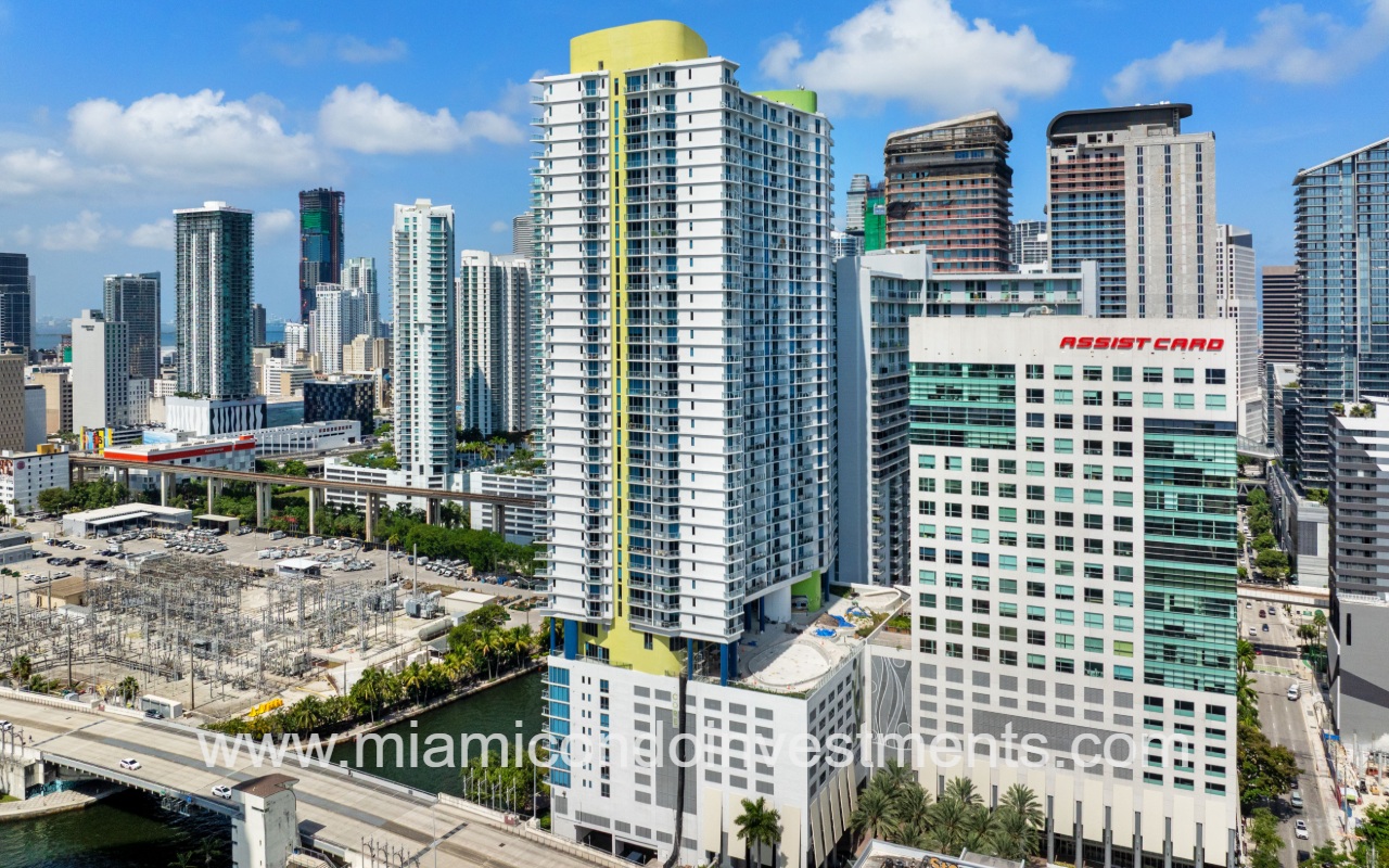 Latitude on the River drone angle view of condominium building off bridge