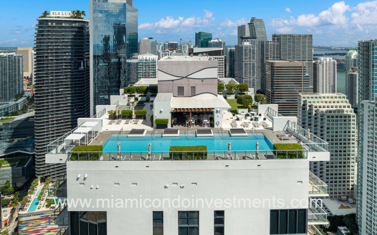 1010 Brickell drone view of condo building rooftop pool and surrounding buildings