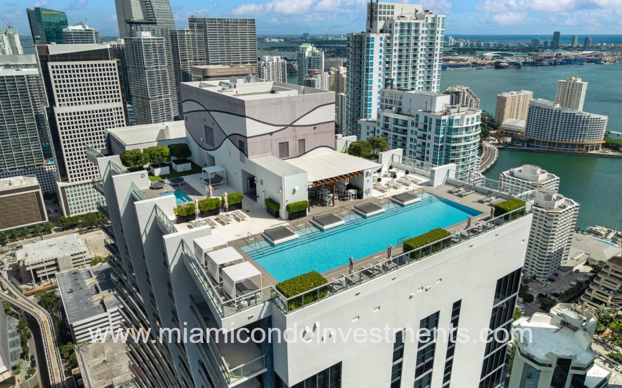 1010 Brickell drone angle view of condo building rooftop pool and area