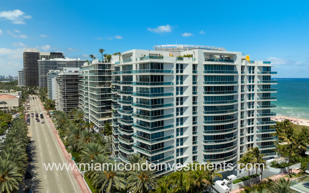 Azure drone closeup angle facing lower condo building exterior